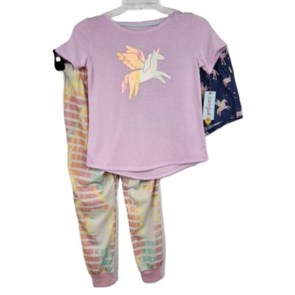 Cat and‎ Jack Girls Size Medium Purple Pink Blue 3 Piece Pajama PJ Nightwear Set